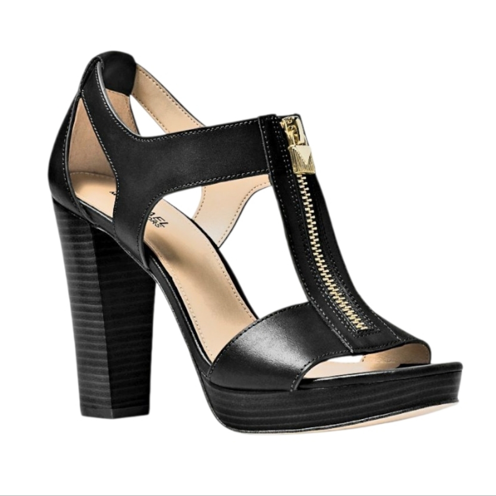 Michael Kors Berkley Lock Black Leather Platform Sandal Heels with Box - Picture 2 of 15